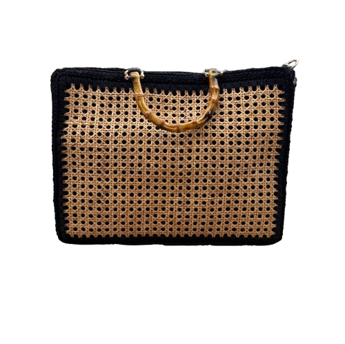 Bolso artesanal de mimbre y crochet con asas de bambú | Bandolera incluida