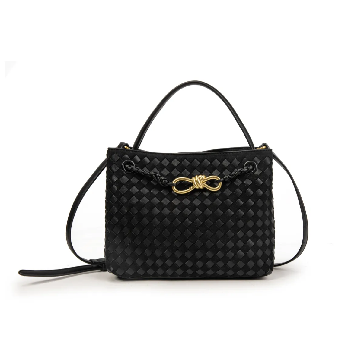 Bolso trenzado de ecopiel con asa de mano y larga, lazo metálico dorado