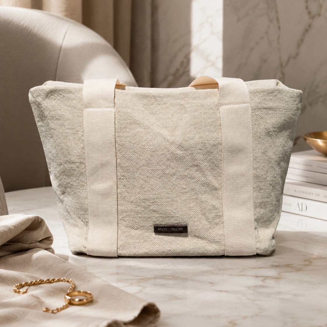 Bolso shopper beige de lino y algodón