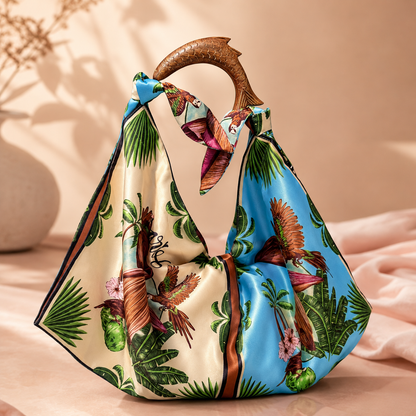 Bolso estampado tropical con asa de madera en forma de pez