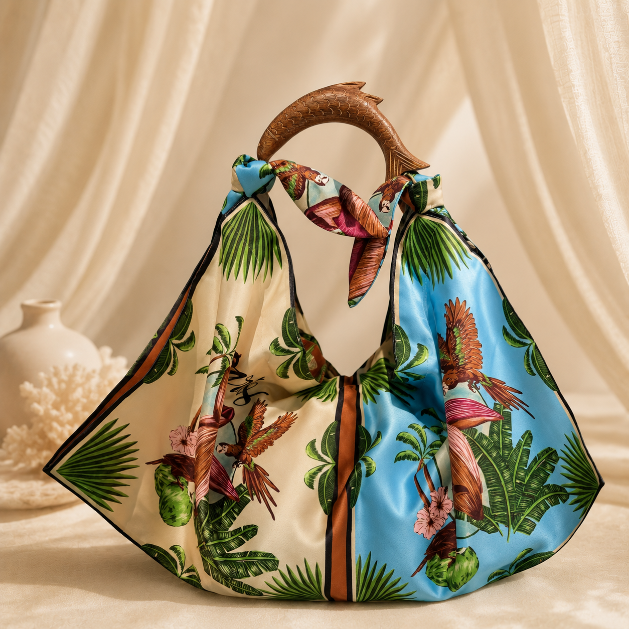 Bolso estampado tropical con asa de madera en forma de pez