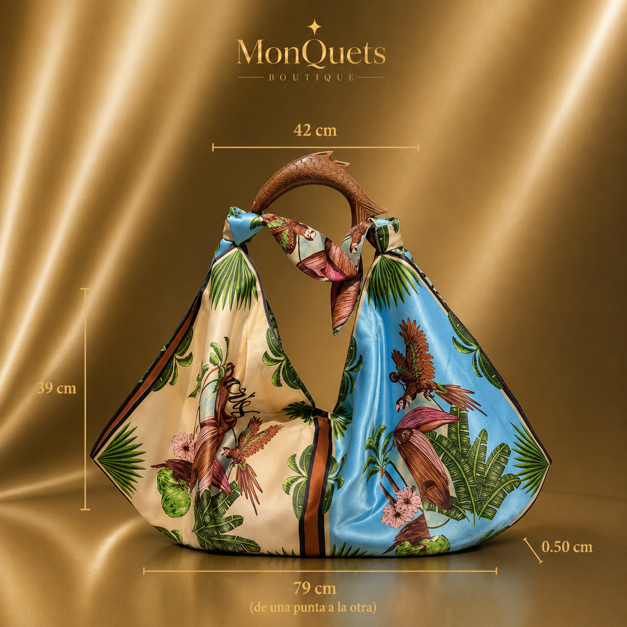 Bolso estampado tropical con asa de madera en forma de pez