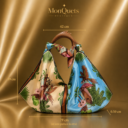 Bolso estampado tropical con asa de madera en forma de pez