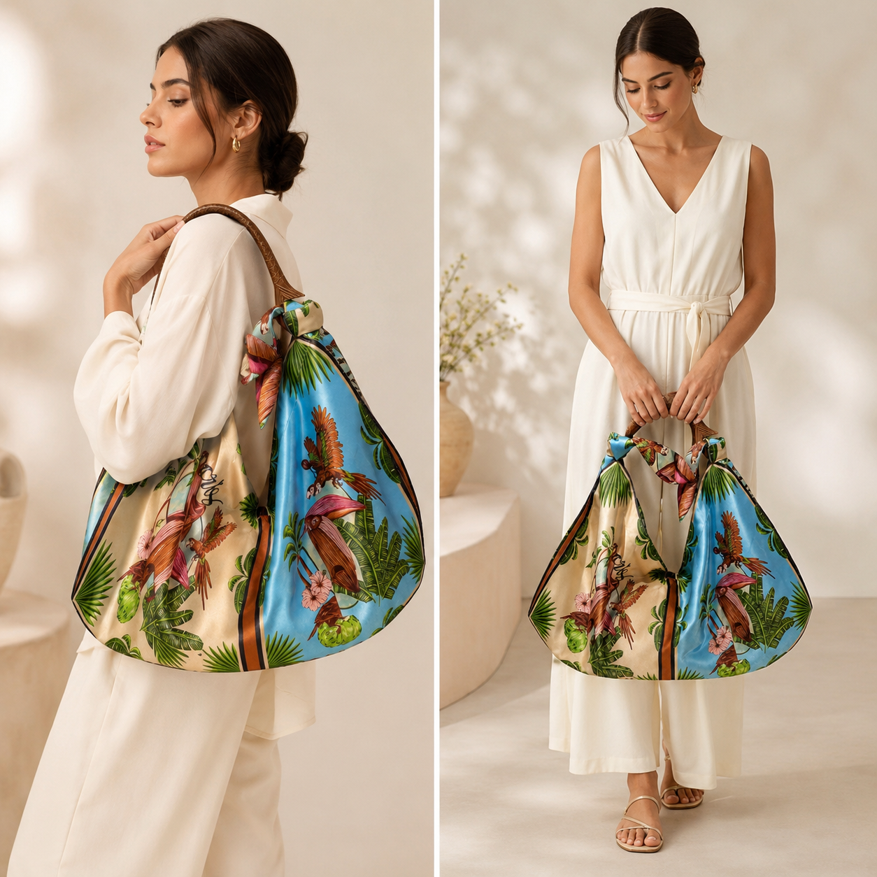 Bolso estampado tropical con asa de madera en forma de pez