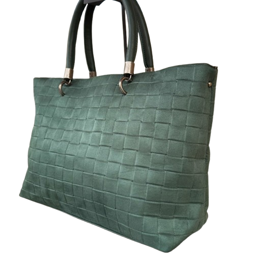 Bolso shopper de antelina con asas cortas y asa bandolera extraíble.