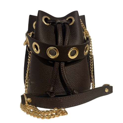Bolso Bombonera de Piel con Ojales doradas en Marrón Chocolate o leopardo