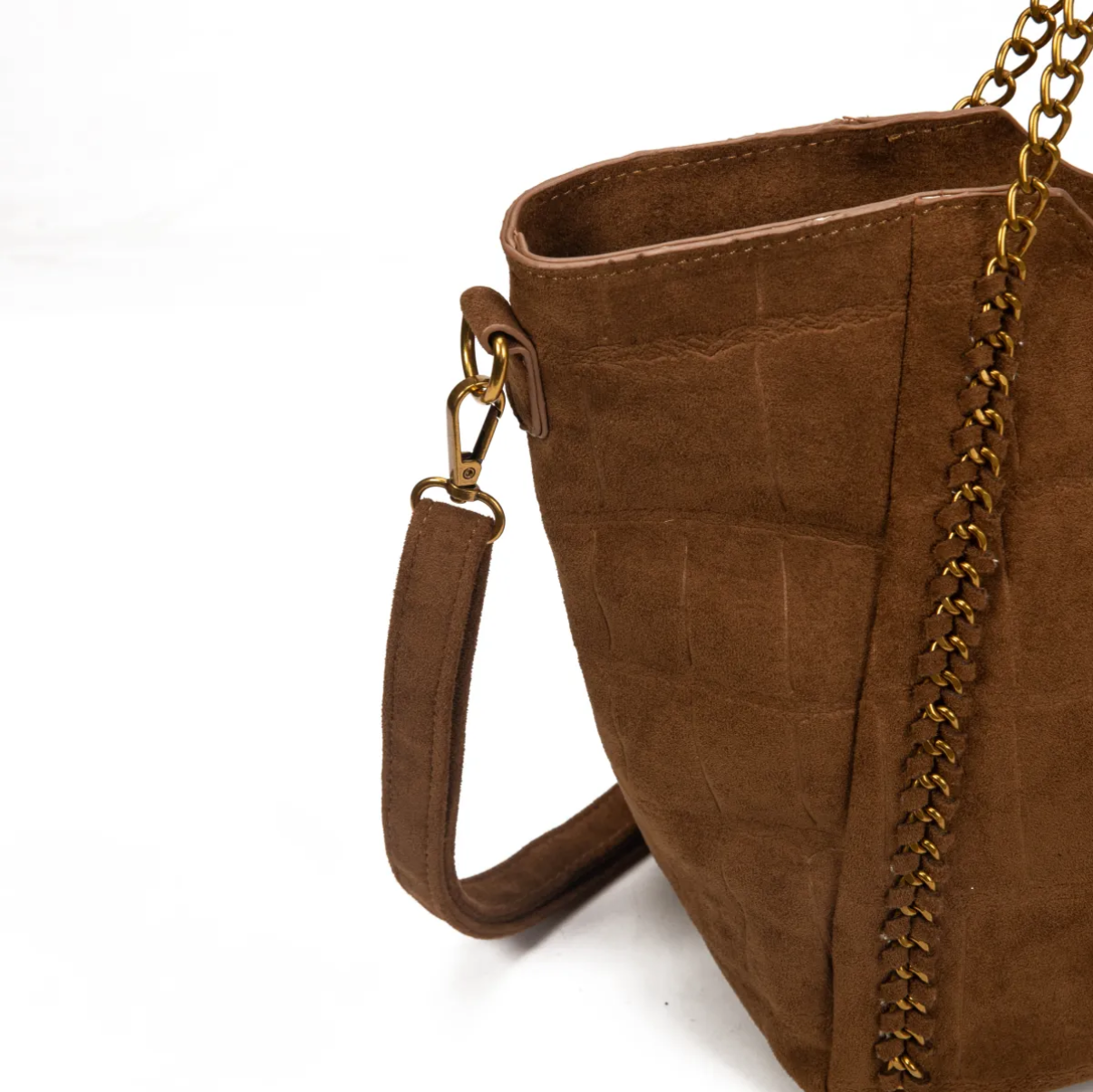 Bolso shopper con cadena y efecto cocodrilo en antelina.