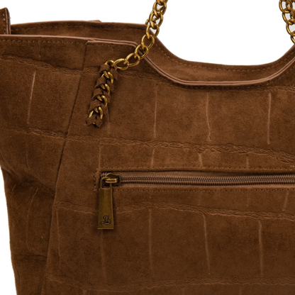 Bolso shopper con cadena y efecto cocodrilo en antelina.