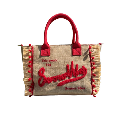 Capazo de Yute Natural con Bordado Rojo “Summer Vibes” + Asa Bandolera Extraíble