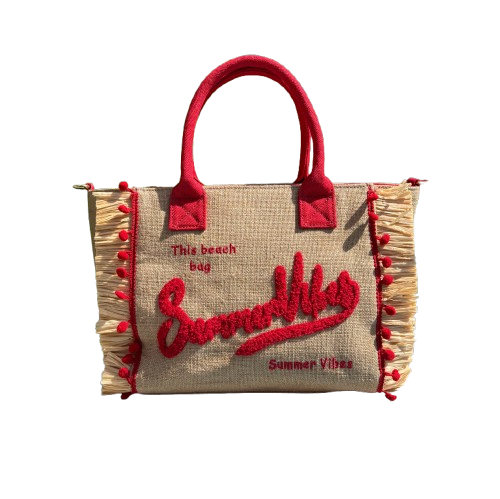 Capazo de Yute Natural con Bordado Rojo “Summer Vibes” + Asa Bandolera Extraíble