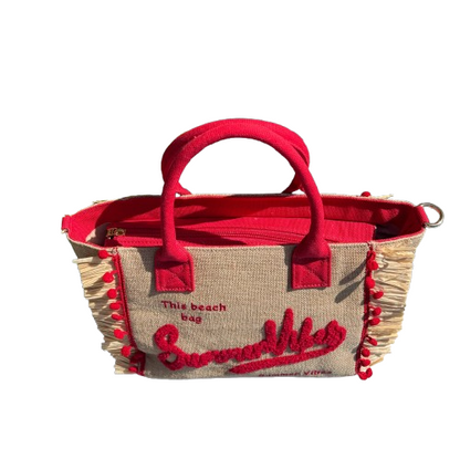 Capazo de Yute Natural con Bordado Rojo “Summer Vibes” + Asa Bandolera Extraíble