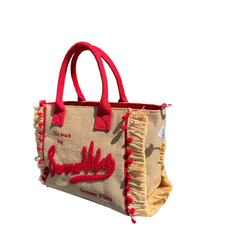 Capazo de Yute Natural con Bordado Rojo “Summer Vibes” + Asa Bandolera Extraíble