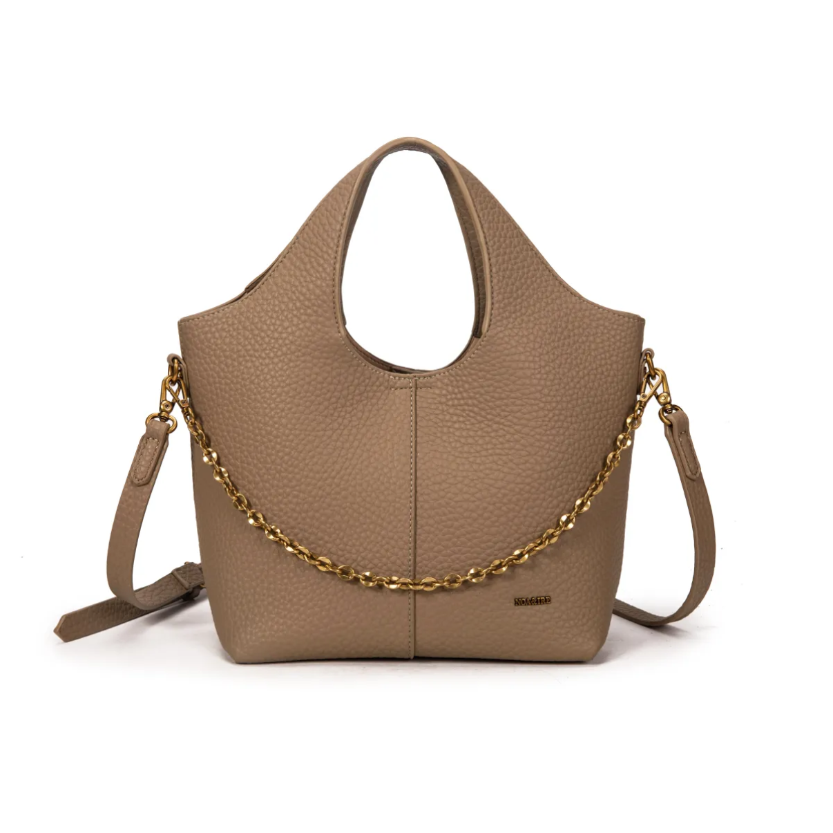 Bolso de mano con cadena dorada y diseño estructurado con asa bandolera.