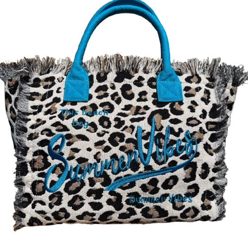 Bolso Shopper Animal Print Leopardo “Summer Vibes” con Cremallera – Asa Turquesa
