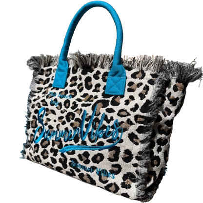 Bolso Shopper Animal Print Leopardo “Summer Vibes” con Cremallera – Asa Turquesa
