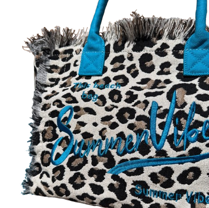 Bolso Shopper Animal Print Leopardo “Summer Vibes” con Cremallera – Asa Turquesa