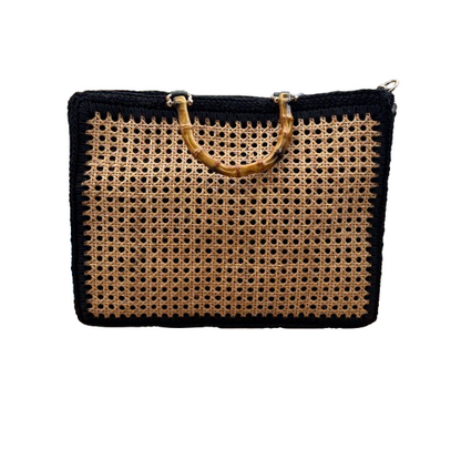 Bolso artesanal de mimbre y crochet con asas de bambú | Bandolera incluida