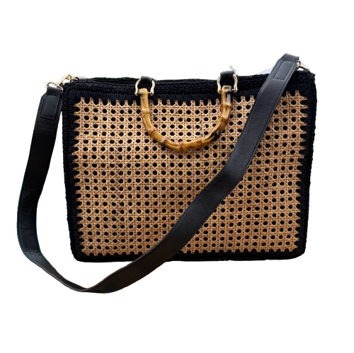 Bolso artesanal de mimbre y crochet con asas de bambú | Bandolera incluida