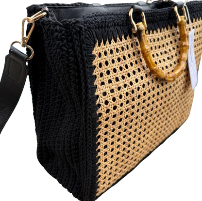 Bolso artesanal de mimbre y crochet con asas de bambú | Bandolera incluida