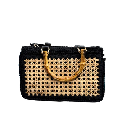 Bolso de rafia natural y crochet negro con asa efecto bambú