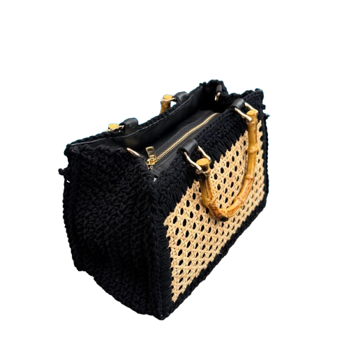 Bolso de rafia natural y crochet negro con asa efecto bambú