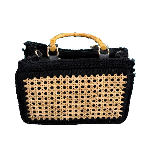 Bolso de rafia natural y crochet negro con asa efecto bambú