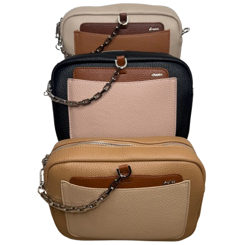 Bolso bandolera efecto piel multicolor con bolsillo frontal y cadena decorativa | Compacto y elegante