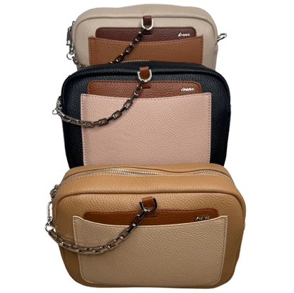 Bolso bandolera efecto piel multicolor con bolsillo frontal y cadena decorativa | Compacto y elegante