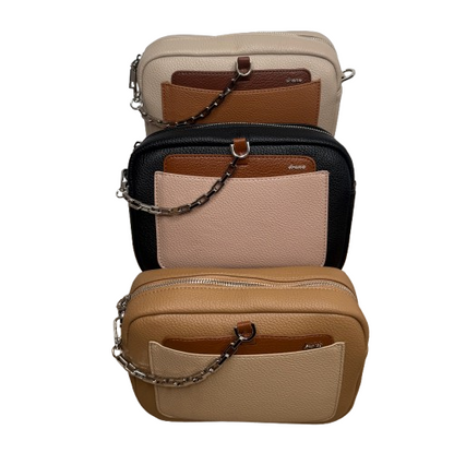 Bolso bandolera efecto piel multicolor con bolsillo frontal y cadena decorativa | Compacto y elegante