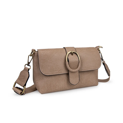 Bolso Bandolera con solapa y hebilla dorada decorativa.