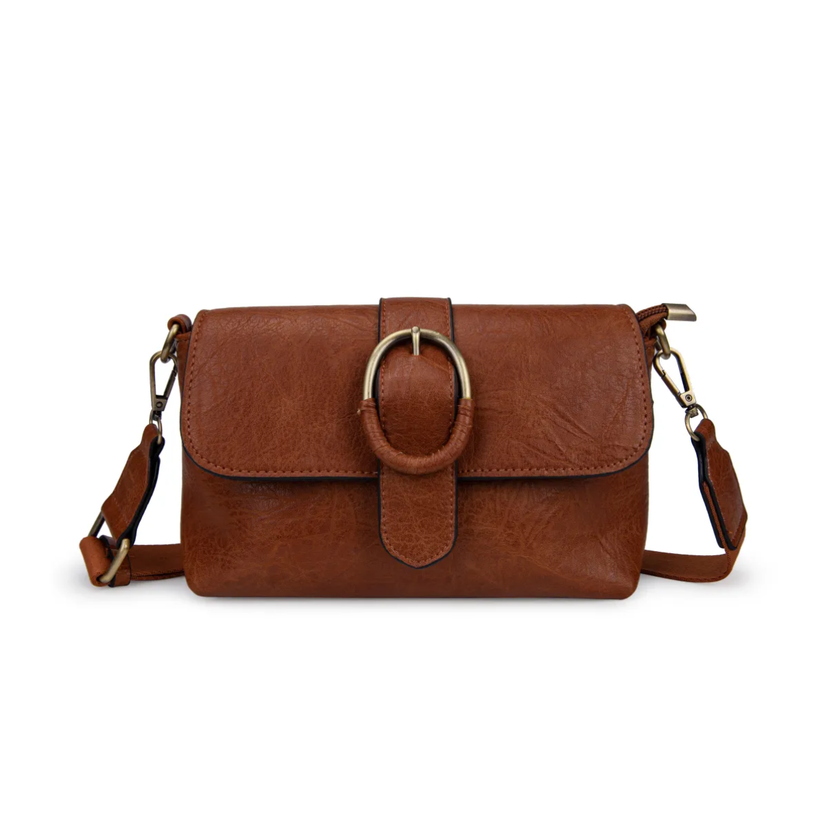 Bolso Bandolera con solapa y hebilla dorada decorativa.