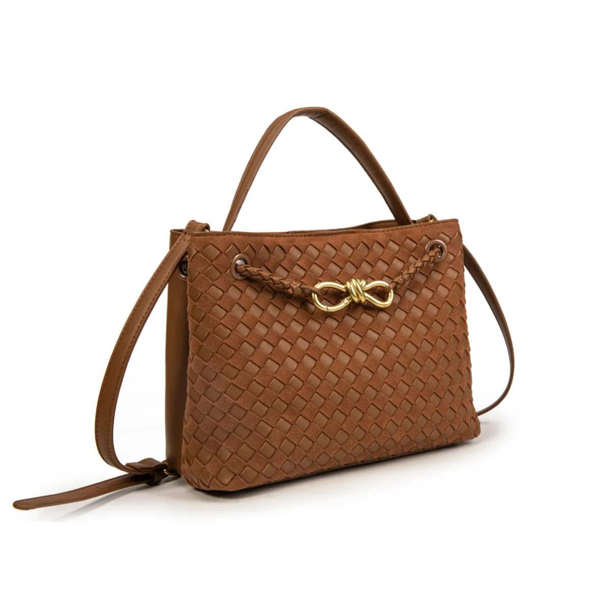 Bolso trenzado de ecopiel con asa de mano y larga, lazo metálico dorado