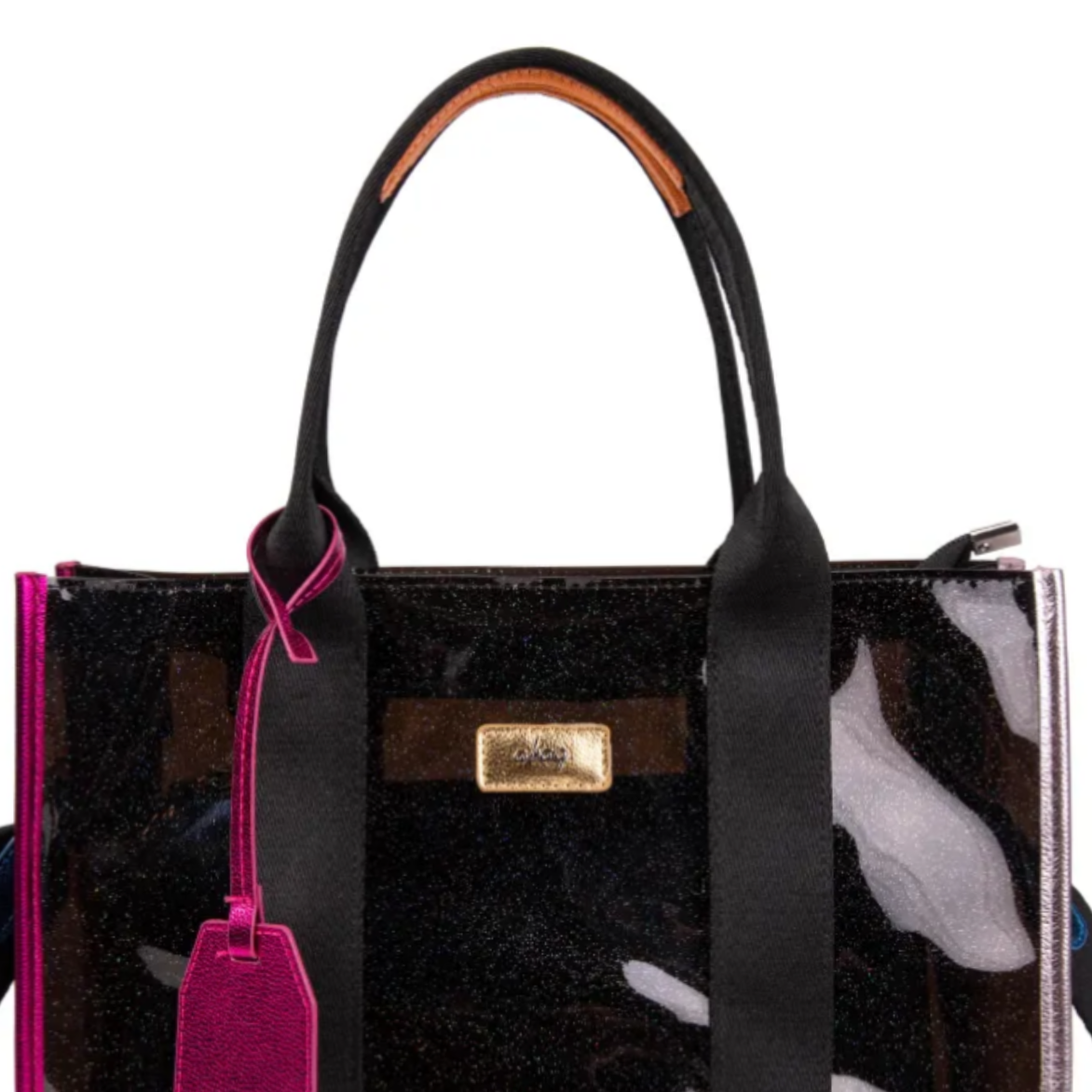 Bolso shopper transparente con brillo negro y detalles fucsia moderno.