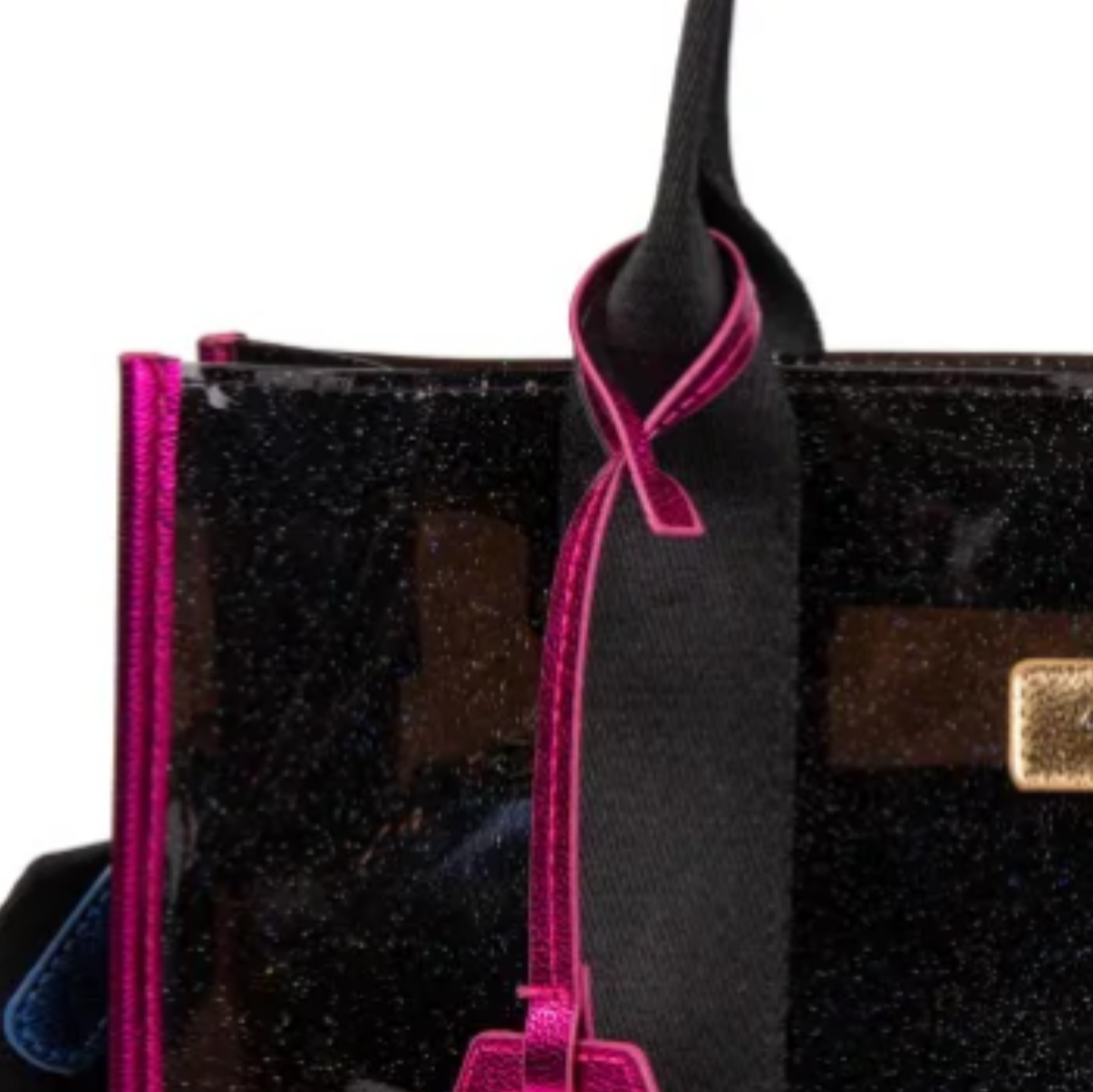 Bolso shopper transparente con brillo negro y detalles fucsia moderno.
