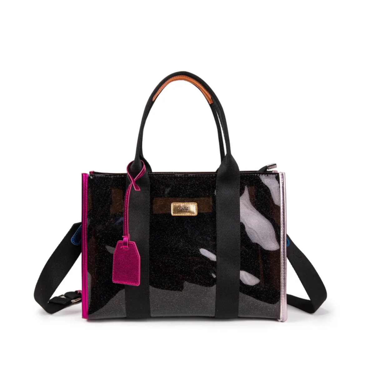 Bolso shopper transparente con brillo negro y detalles fucsia moderno.