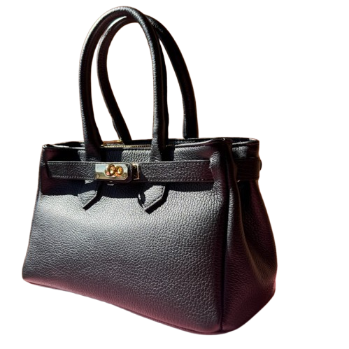 Bolso elegante de piel con cierre dorado.