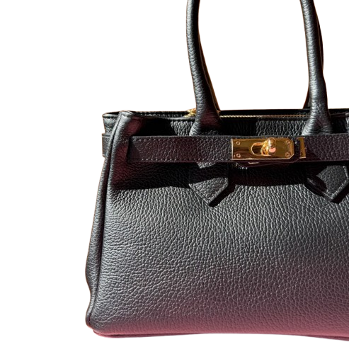 Bolso elegante de piel con cierre dorado.
