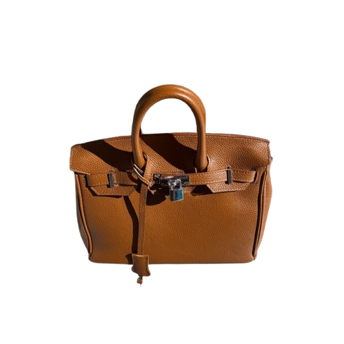 Bolso de piel de mano y cierre metálico.