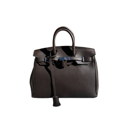 Bolso de piel de mano y cierre metálico.