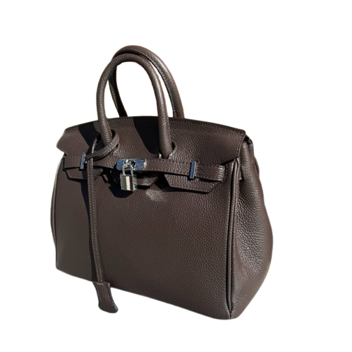 Bolso de piel de mano y cierre metálico.