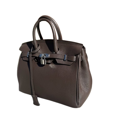 Bolso de piel de mano y cierre metálico.