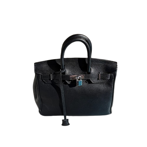 Bolso de piel de mano y cierre metálico.