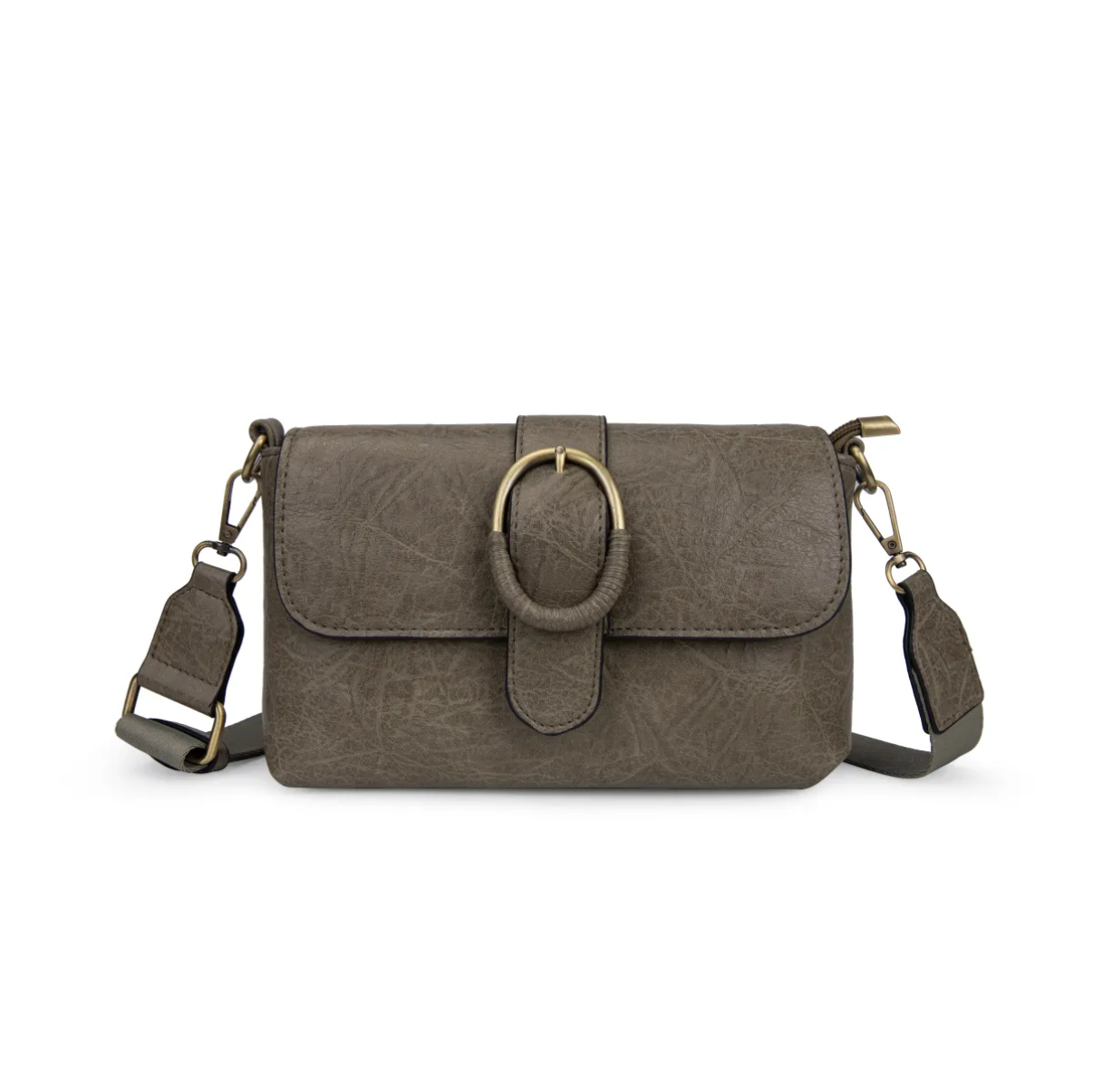 Bolso Bandolera con solapa y hebilla dorada decorativa.