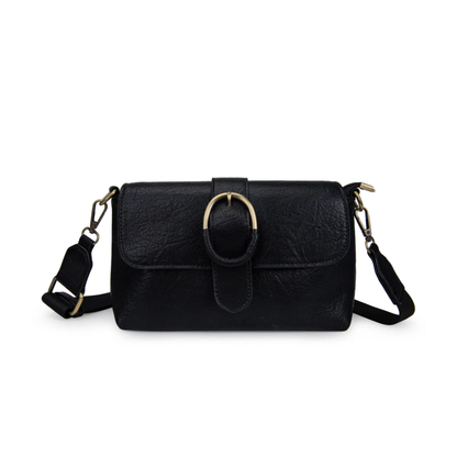 Bolso Bandolera con solapa y hebilla dorada decorativa.