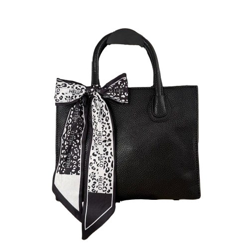 Bolso negro elegante con pañuelo decorativo y asa larga extraíble