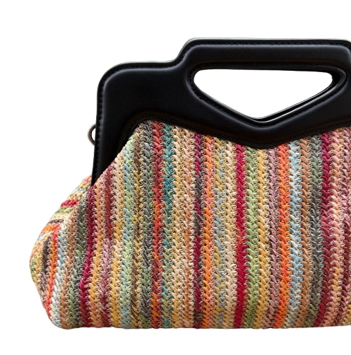 Bolso rafia multicolor con asa rígida negra y bandolera extraíble | Bolso verano mujer