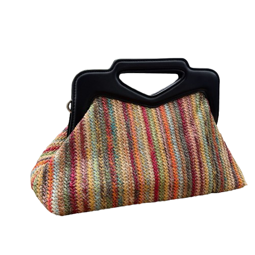 Bolso rafia multicolor con asa rígida negra y bandolera extraíble | Bolso verano mujer