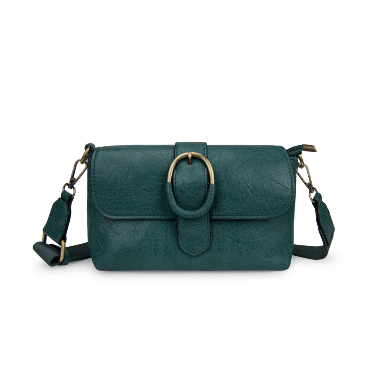 Bolso Bandolera con solapa y hebilla dorada decorativa.