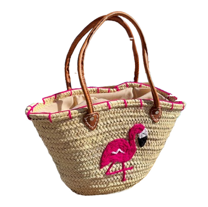 Capazo de rafia artesanal con asas de piel y flamenco fucsia bolso verano grande premium