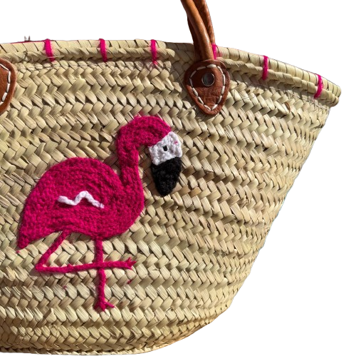 Capazo de rafia artesanal con asas de piel y flamenco fucsia bolso verano grande premium